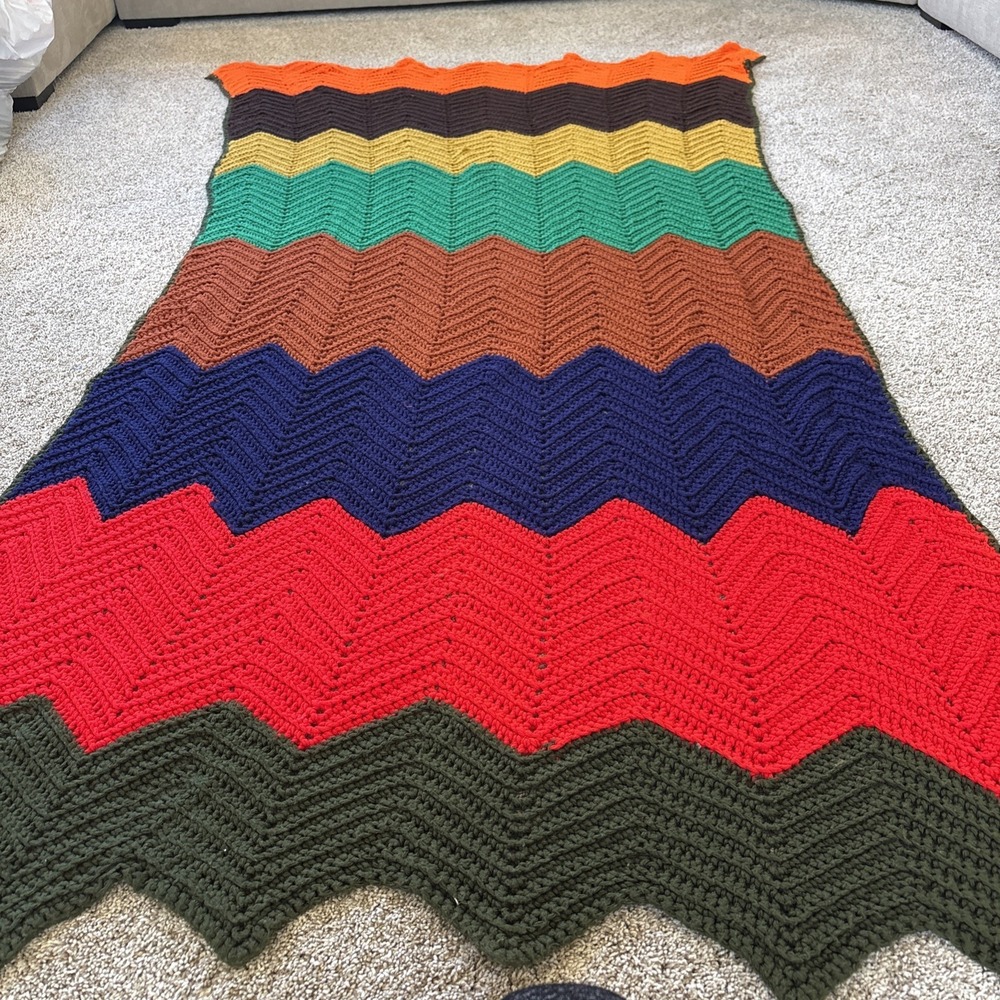 Vtg Handmade Crochet Afghan Blanket 80x45" Chevron Zig Zag Vibrant Ripple Throw